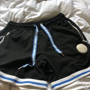 Black Mesh Athletic Shorts with Blue & White Trim